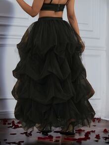 Slaydiva 2024 New Elegant High Waist Exaggerated Puff Party Skirt, Slit Organza Ballerina Maxi A-Line Layered Mesh Split Princess Plus Size Fall - Black - View 5