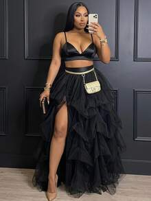 Slaydiva 2024 New Elegant High Waist Exaggerated Puff Party Skirt, Slit Organza Ballerina Maxi A-Line Layered Mesh Split Princess Plus Size Fall - Black - View 1