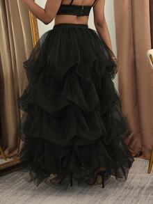 Slaydiva 2024 New Elegant High Waist Exaggerated Puff Party Skirt, Slit Organza Ballerina Maxi A-Line Layered Mesh Split Princess Plus Size Fall - Black - View 2