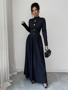 Elenzga Elegant French Casual Party Cocktail Dinner Birthday Party Small Stand Collar Metal Button Black Long Sleeve Women Long Dress Fall - Black - View 6