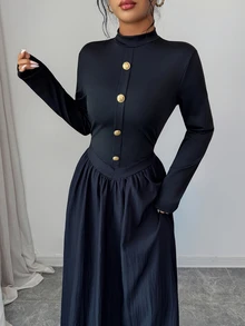 Elenzga Elegant French Casual Party Cocktail Dinner Birthday Party Small Stand Collar Metal Button Black Long Sleeve Women Long Dress Fall - Black - View 4