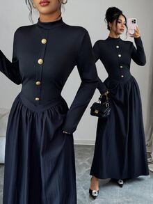 Elenzga Elegant French Casual Party Cocktail Dinner Birthday Party Small Stand Collar Metal Button Black Long Sleeve Women Long Dress Fall - Black - View 7
