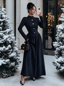 Elenzga Elegant French Casual Party Cocktail Dinner Birthday Party Small Stand Collar Metal Button Black Long Sleeve Women Long Dress Fall - Black - View 1