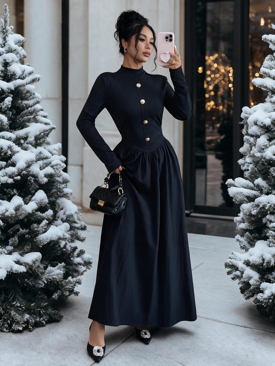 Elenzga Elegant French Casual Party Cocktail Dinner Birthday Party Small Stand Collar Metal Button Black Long Sleeve Women Long Dress Fall - Black - View 1
