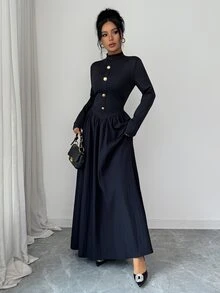 Elenzga Elegant French Casual Party Cocktail Dinner Birthday Party Small Stand Collar Metal Button Black Long Sleeve Women Long Dress Fall - Black - View 5