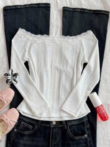 Dazy Kids Young Girls Graphic Letter Print Lace Trim T-Shirt - White - View 3