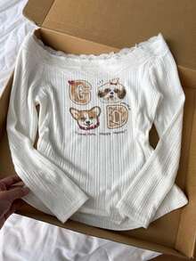 Dazy Kids Young Girls Graphic Letter Print Lace Trim T-Shirt - White - View 2