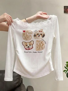 Dazy Kids Young Girls Graphic Letter Print Lace Trim T-Shirt - White - View 1