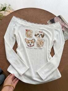 Dazy Kids Young Girls Graphic Letter Print Lace Trim T-Shirt - White - View 5
