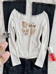 Dazy Kids Young Girls Graphic Letter Print Lace Trim T-Shirt - White - View 4