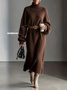 Omancia Chic Turtleneck Ribbed Knit Sweater Dress, Women Long Lantern Sleeve Loose Midi Dress With Belt - Brown - View 1