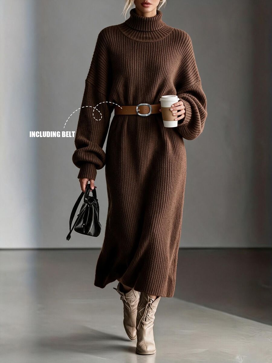 Omancia Chic Turtleneck Ribbed Knit Sweater Dress, Women Long Lantern Sleeve Loose Midi Dress With Belt - Brown - View 1