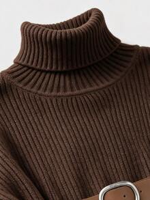Omancia Chic Turtleneck Ribbed Knit Sweater Dress, Women Long Lantern Sleeve Loose Midi Dress With Belt - Brown - View 6