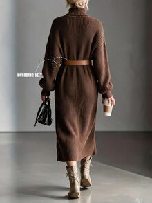 Omancia Chic Turtleneck Ribbed Knit Sweater Dress, Women Long Lantern Sleeve Loose Midi Dress With Belt - Brown - View 2