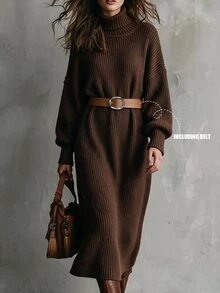 Omancia Chic Turtleneck Ribbed Knit Sweater Dress, Women Long Lantern Sleeve Loose Midi Dress With Belt - Brown - View 4