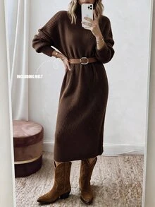 Omancia Chic Turtleneck Ribbed Knit Sweater Dress, Women Long Lantern Sleeve Loose Midi Dress With Belt - Brown - View 5