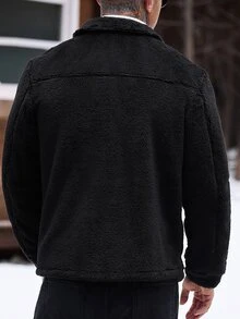 Manfinity Homme 男士黑色珊瑚絨寬鬆版型百搭慵懶休閒鈕扣夾克 - 黑色 - 查看 2