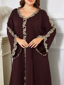 Al Najma Plus Size Women's Textured Embroidered Lace Dress - Brown - View 3