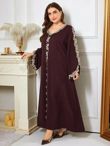 Al Najma Plus Size Women's Textured Embroidered Lace Dress - Brown - View 6