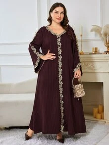 Al Najma Plus Size Women's Textured Embroidered Lace Dress - Brown - View 5