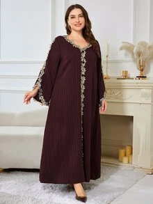 Al Najma Plus Size Women's Textured Embroidered Lace Dress - Brown - View 4
