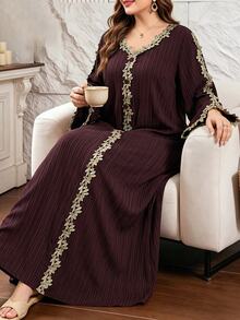 Al Najma Plus Size Women's Textured Embroidered Lace Dress - Brown - View 1