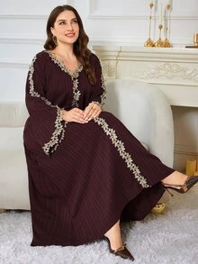 Al Najma Plus Size Women's Textured Embroidered Lace Dress - Brown - View 7