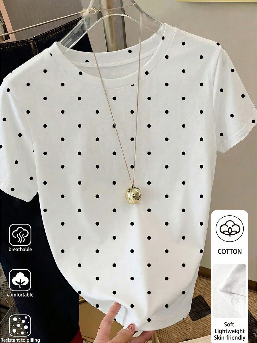 Women's Plus Size Casual Polka Dot Print Short Sleeve T-Shirt For Summer Vacation Birthday Brunch Formal Vacation Black And White - Multicolor - View 1