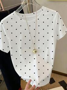 Women's Plus Size Casual Polka Dot Print Short Sleeve T-Shirt For Summer Vacation Birthday Brunch Formal Vacation Black And White - Multicolor - View 3