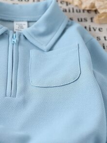 Genkimix Kids 男童春秋純色灰色極簡休閒風無圖案修身翻領半拉鍊長袖套頭上衣搭配長褲套裝，適合戶外活動、居家休閒與日常運動穿著 - 藍色 - 查看 5