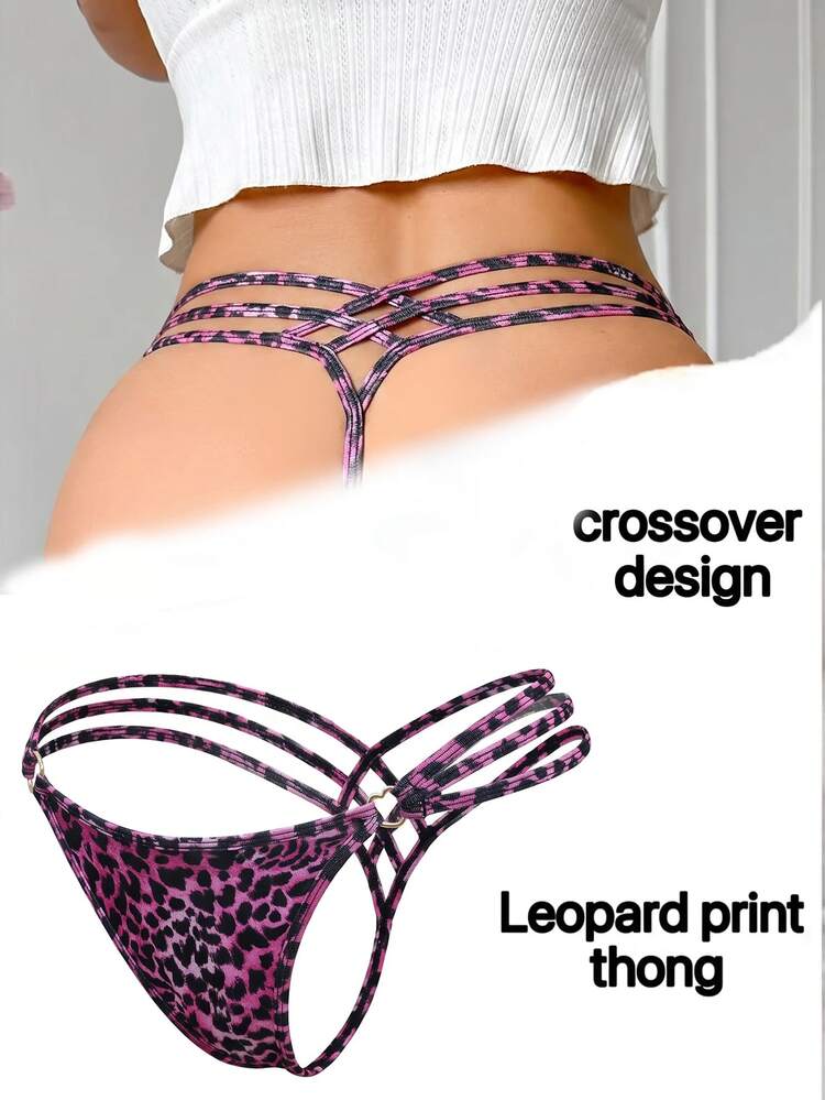 SHEIN Sexy Women's Cross Hollow Leopard Print Thong Panty, 1pc - Pink - View 4