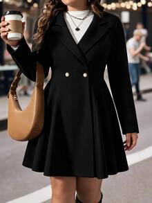 EMERY ROSE Plus Size Women Elegant Black Midi Blazer, Lapel Double Breasted Waist Cinched A-Line Slim Fit Coat, Long Sleeve Commute Hepburn Style Outerwear - Black - View 1