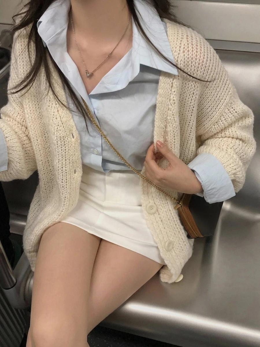DAZY Women's Solid Color Loose Long Sleeve V-Neck Casual Vacation Korean Style Autumn/Winter Knit Sweater - Beige - View 1