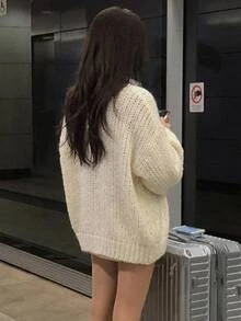 DAZY Women's Solid Color Loose Long Sleeve V-Neck Casual Vacation Korean Style Autumn/Winter Knit Sweater - Beige - View 5