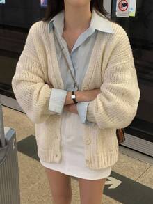 DAZY Women's Solid Color Loose Long Sleeve V-Neck Casual Vacation Korean Style Autumn/Winter Knit Sweater - Beige - View 2