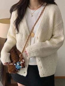DAZY Women's Solid Color Loose Long Sleeve V-Neck Casual Vacation Korean Style Autumn/Winter Knit Sweater - Beige - View 3