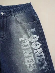 LOONEY TUNES X SHEIN Men's Casual Daily Travel Denim Jeans With Pocket, Button And Cartoon Pattern - Dark Wash - View 4