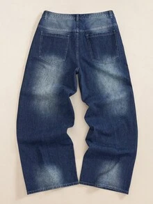 LOONEY TUNES X SHEIN Men's Casual Daily Travel Denim Jeans With Pocket, Button And Cartoon Pattern - Dark Wash - View 2