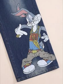 LOONEY TUNES X SHEIN Men's Casual Daily Travel Denim Jeans With Pocket, Button And Cartoon Pattern - Dark Wash - View 7