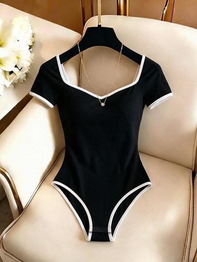 SHEIN Franclia Casual Commute Slim Fit Square Neck Color Block Jumpsuit Summer Travel Beach Vacation Sexy Hot Girl Women's Romper