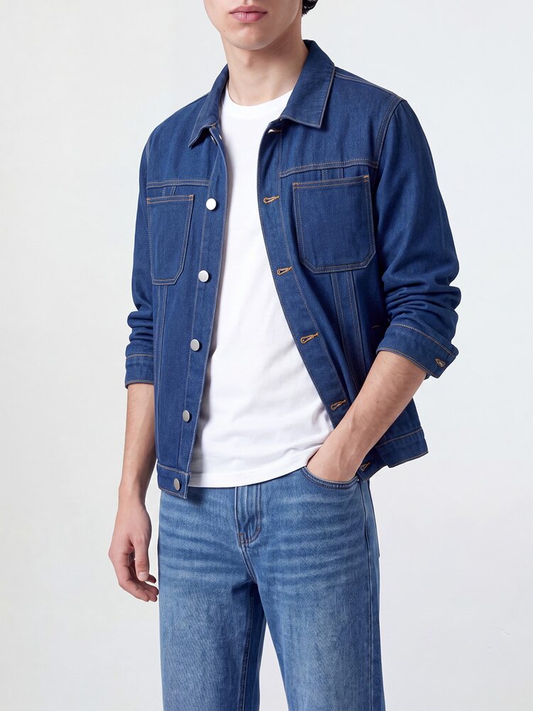 RivetRise Men's Original Dark Blue Workwear Denim Jacket, Classic Lapel Button-Down Denim Coat, Contrast Stitching Vintage Casual Outerwear - Blue - View 1