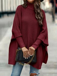 SHEIN LUNE Turtleneck Batwing Sleeve Poncho,Long Sleeve Tops Knit Pullover Sweater Fall Winter - Burgundy - View 4