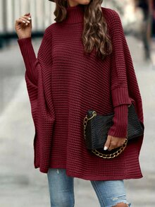 SHEIN LUNE Turtleneck Batwing Sleeve Poncho,Long Sleeve Tops Knit Pullover Sweater Fall Winter - Burgundy - View 7