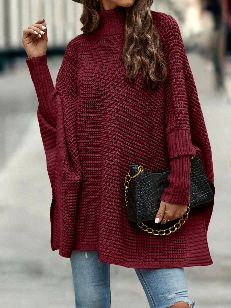 SHEIN LUNE Turtleneck Batwing Sleeve Poncho,Long Sleeve Tops Knit Pullover Sweater Fall Winter - Burgundy - View 7