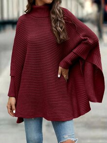 SHEIN LUNE Turtleneck Batwing Sleeve Poncho,Long Sleeve Tops Knit Pullover Sweater Fall Winter - Burgundy - View 8