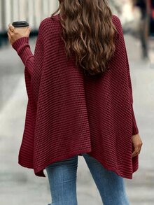 SHEIN LUNE Turtleneck Batwing Sleeve Poncho,Long Sleeve Tops Knit Pullover Sweater Fall Winter - Burgundy - View 2