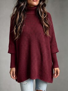 SHEIN LUNE Turtleneck Batwing Sleeve Poncho,Long Sleeve Tops Knit Pullover Sweater Fall Winter - Burgundy - View 3