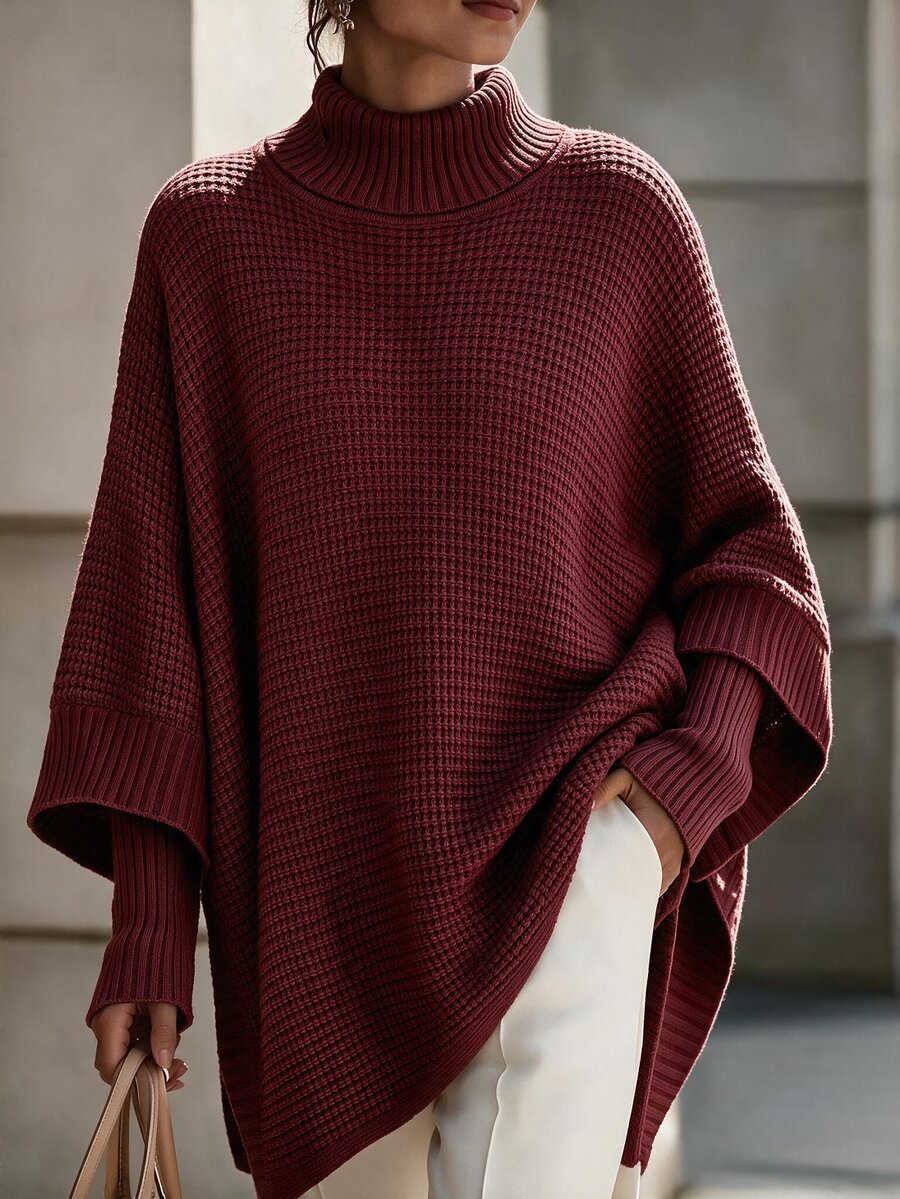 SHEIN LUNE Turtleneck Batwing Sleeve Poncho,Long Sleeve Tops Knit Pullover Sweater Fall Winter - Burgundy - View 1