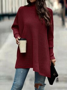 SHEIN LUNE Turtleneck Batwing Sleeve Poncho,Long Sleeve Tops Knit Pullover Sweater Fall Winter - Burgundy - View 5