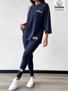 Solavon 2件組女款夏季字母印花寬鬆街頭風運動T恤與長褲休閒套裝，海軍藍，適合居家休閒、健身房、日常健身與旅行 - 藏蓝色 - 查看 3
